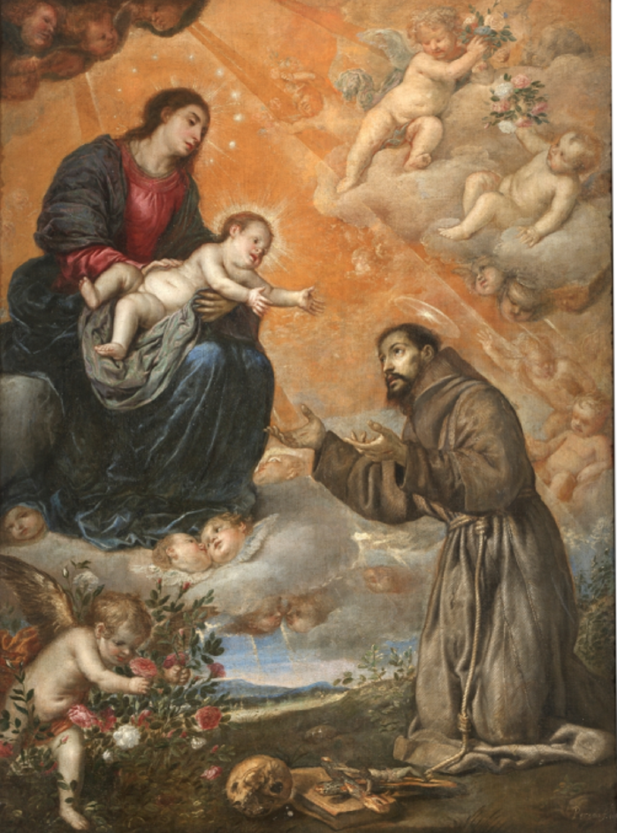 Pintura al óleo de San Francisco de Asís de rodillas ante la Virgen y el Niño en la Porciúncula.