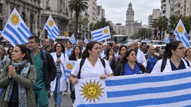 Funcionarios de la salud pública marchando con pancartas por la avenida.