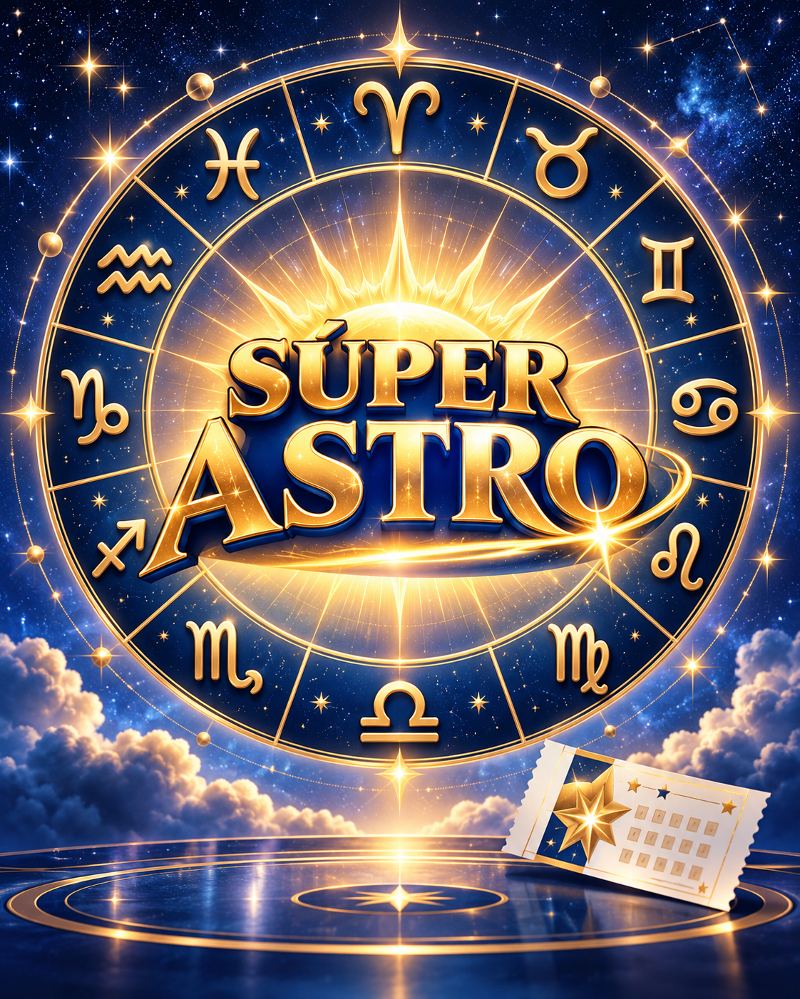 Representación visual de un billete de lotería y elementos astronómicos del chance.