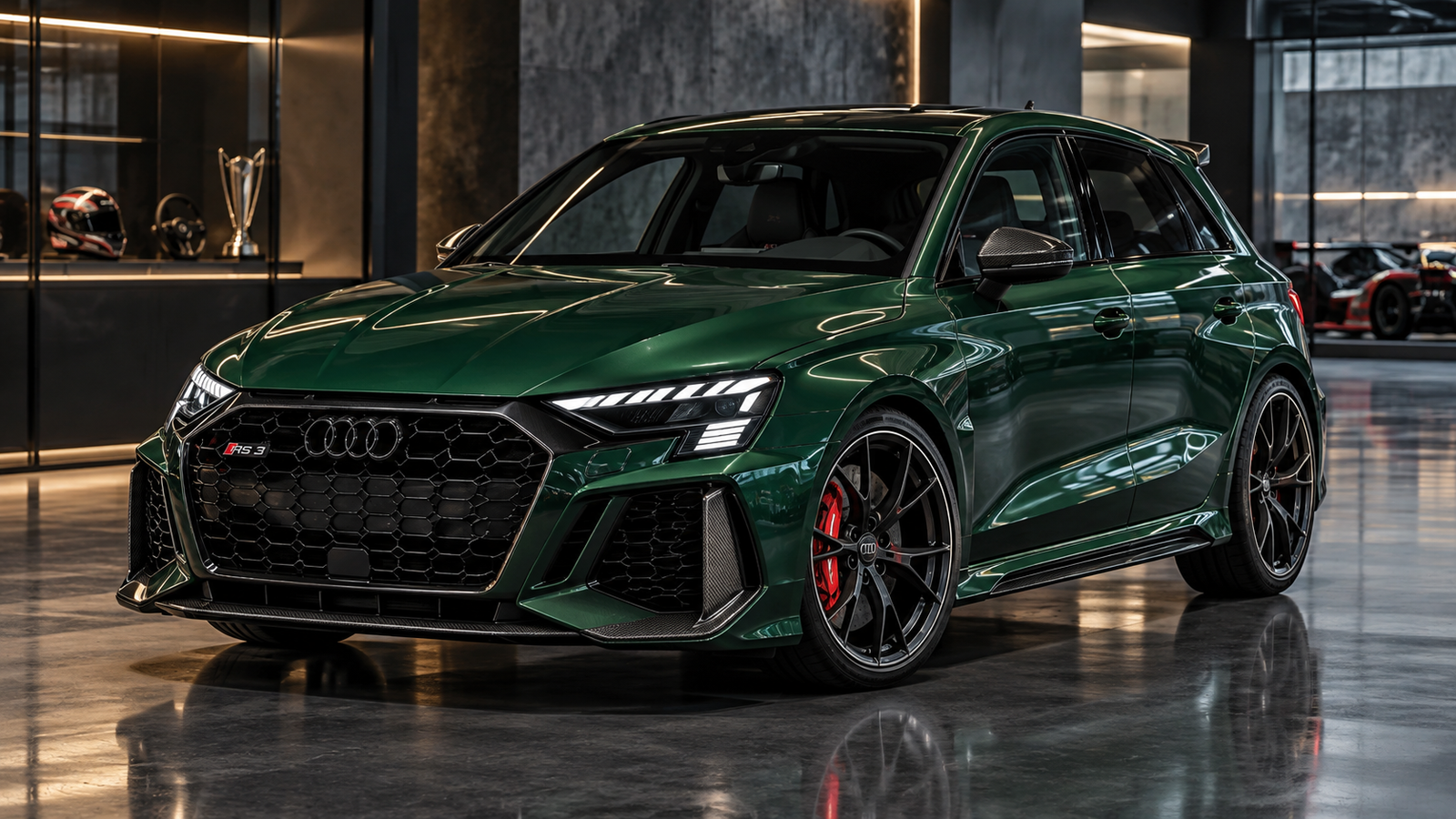 Audi RS 3 competition limited 2026 en color verde malaquita en ángulo de tres cuartos.