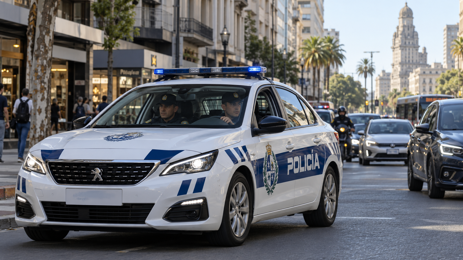Patrulla de la Policía Nacional de Uruguay en una calle montevideana.