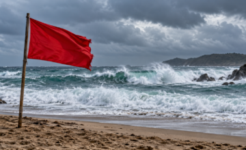 Banderilla de advertencia en la arena cerca del mar embravecido.