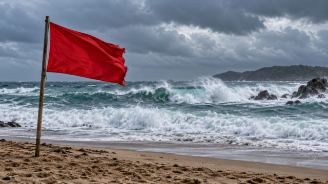 Banderilla de advertencia en la arena cerca del mar embravecido.
