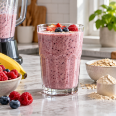 Batido de proteína servido junto a frutas frescas y licuadora.