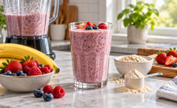 Batido de proteína servido junto a frutas frescas y licuadora.
