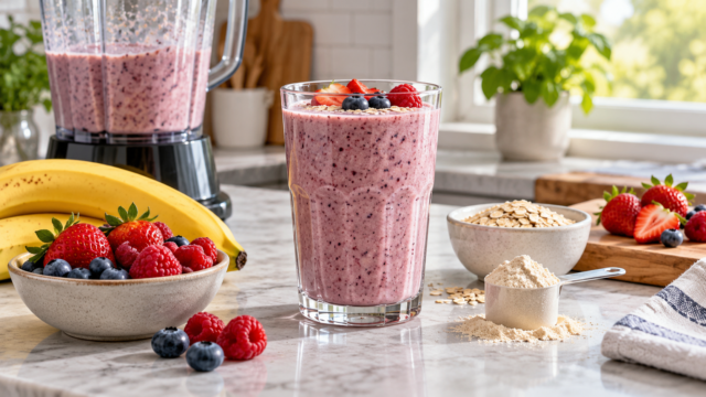 Batido de proteína servido junto a frutas frescas y licuadora.