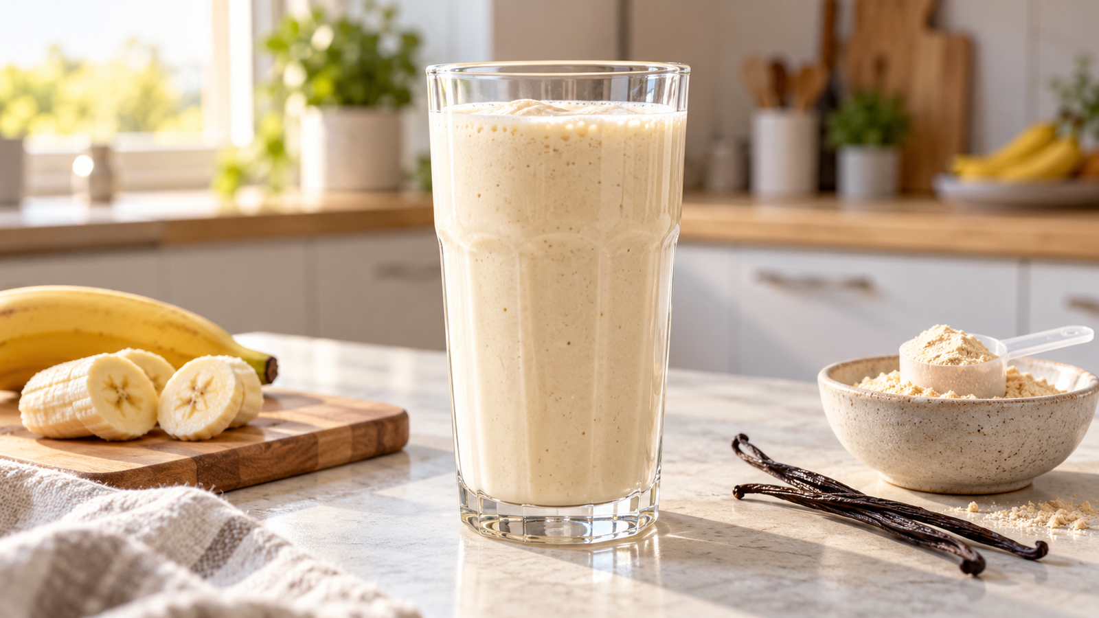 Un vaso de batido proteico en una mesada de cocina.