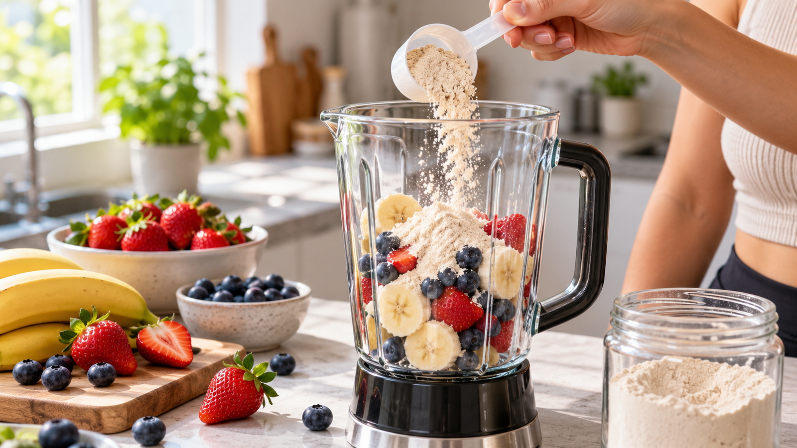 Preparación de un batido con frutas y proteínas en polvo.