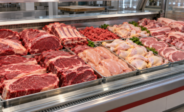 Variedad de carnes vacuna, de pollo y de cerdo en la vitrina de un comercio.
