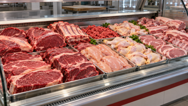 Variedad de carnes vacuna, de pollo y de cerdo en la vitrina de un comercio.