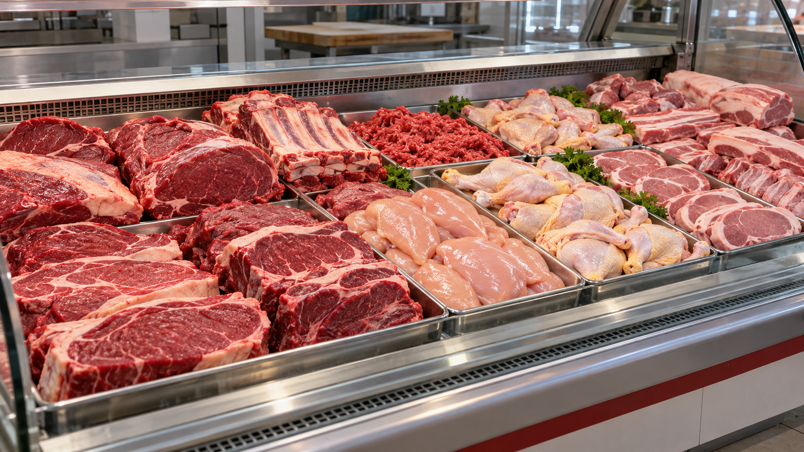 Variedad de carnes vacuna, de pollo y de cerdo en la vitrina de un comercio.