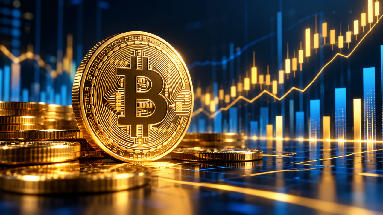 Representación digital de la moneda bitcoin junto a indicadores de mercado y volumen.