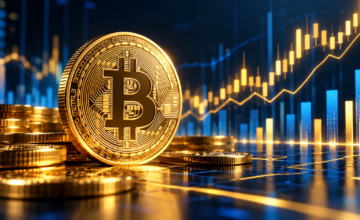 Representación digital de la moneda bitcoin junto a indicadores de mercado y volumen.
