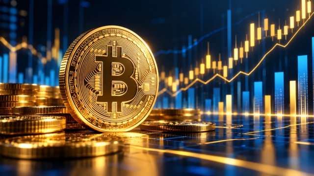 Representación digital de la moneda bitcoin junto a indicadores de mercado y volumen.