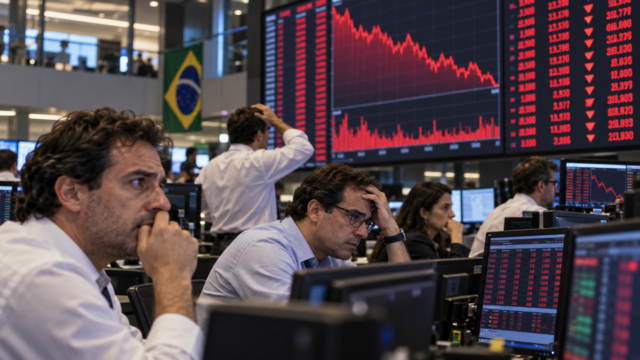 Operadores de bolsa observando con preocupación las pantallas rojas tras la caída de las acciones en Brasil.
