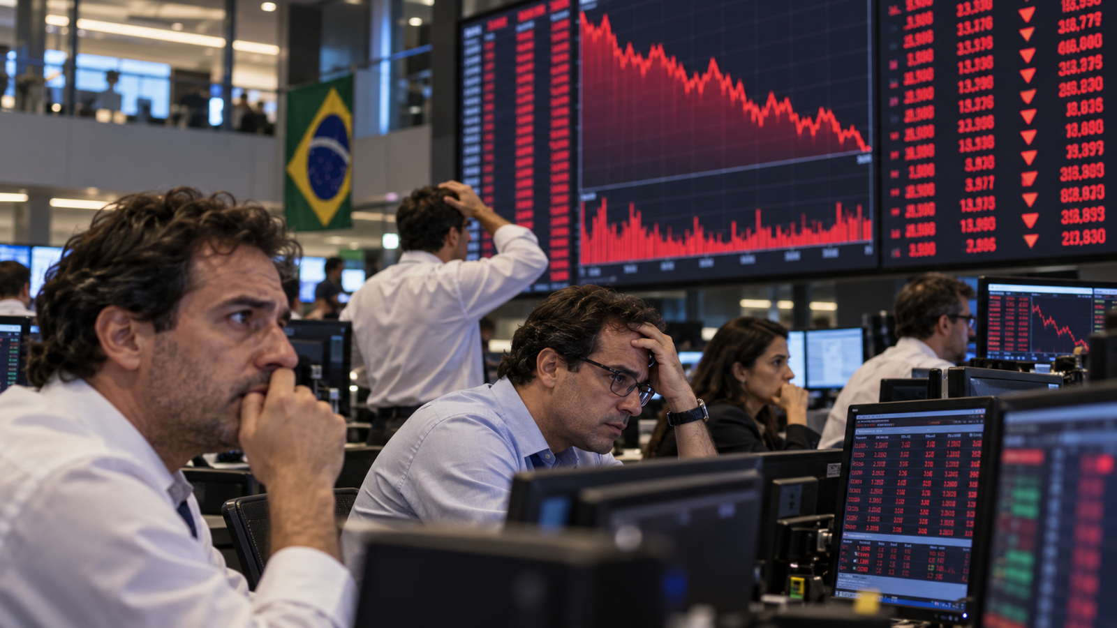 Operadores de bolsa observando con preocupación las pantallas rojas tras la caída de las acciones en Brasil.