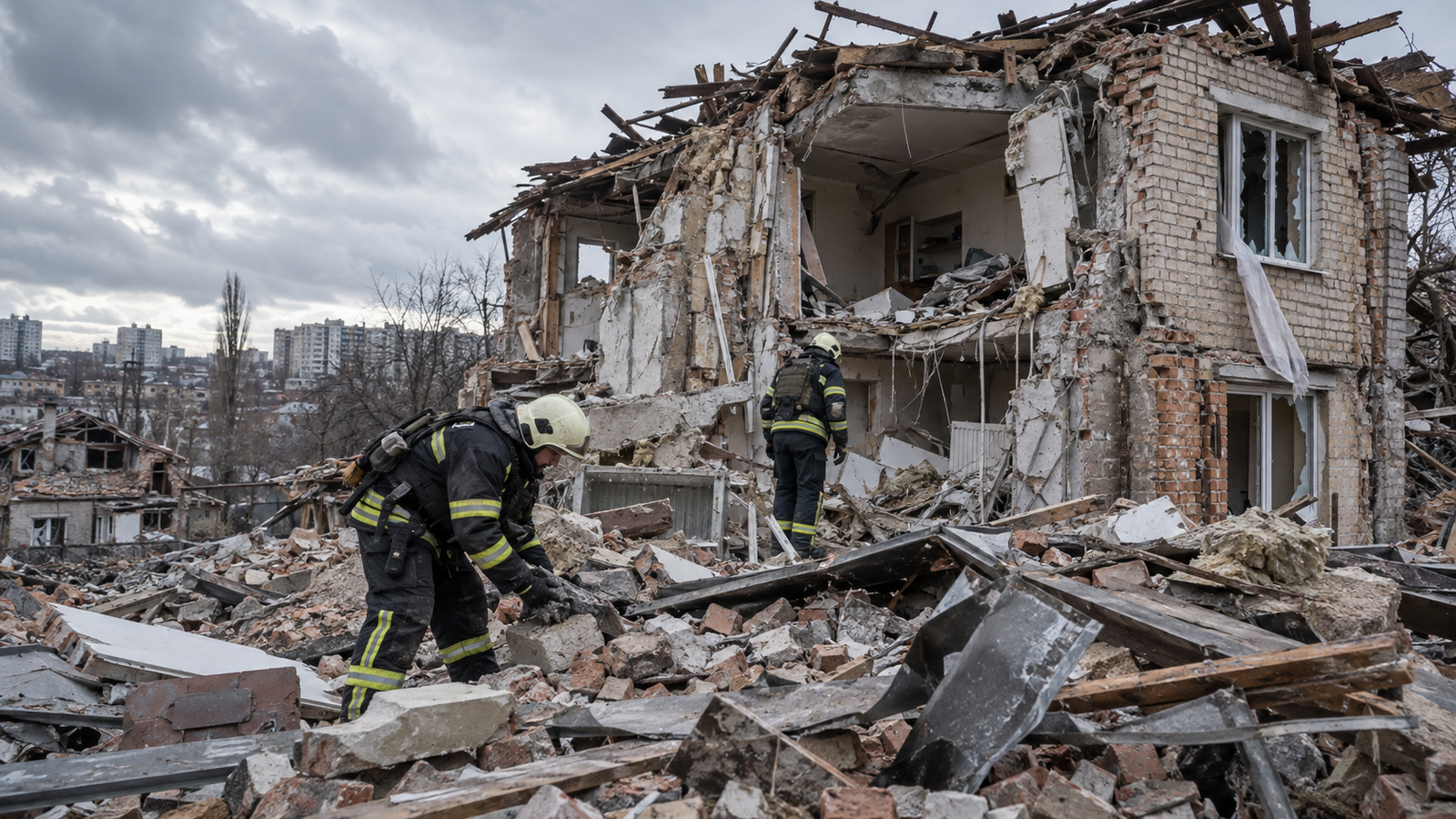 Bomberos trabajando entre los escombros de una vivienda destruida por un bombardeo ruso en Járkov, Ucrania.