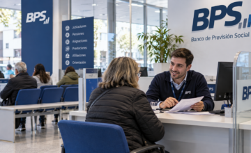 Mostrador de atención al público en oficinas del Banco de Previsión Social en Uruguay.