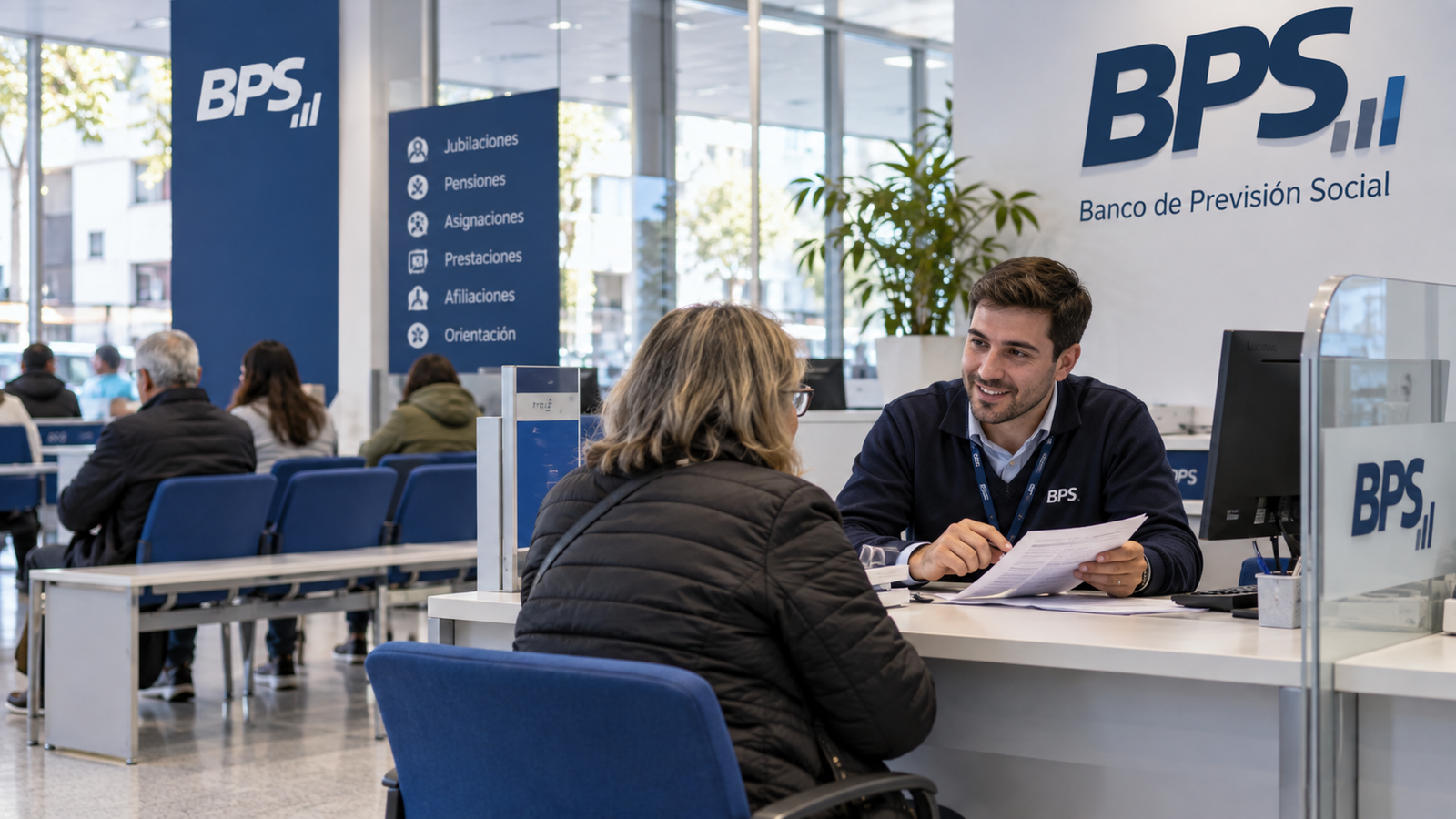 Mostrador de atención al público en oficinas del Banco de Previsión Social en Uruguay.