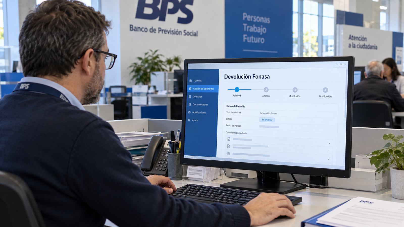 Funcionario del BPS realizando trámites de devolución de Fonasa en una computadora.