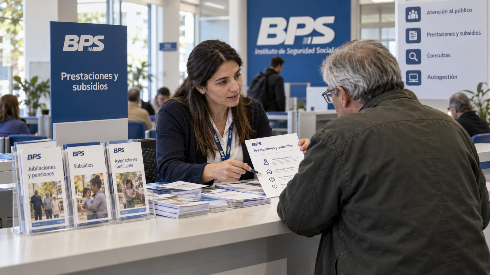 Puesto de información del BPS para consultas sobre prestaciones y subsidios.