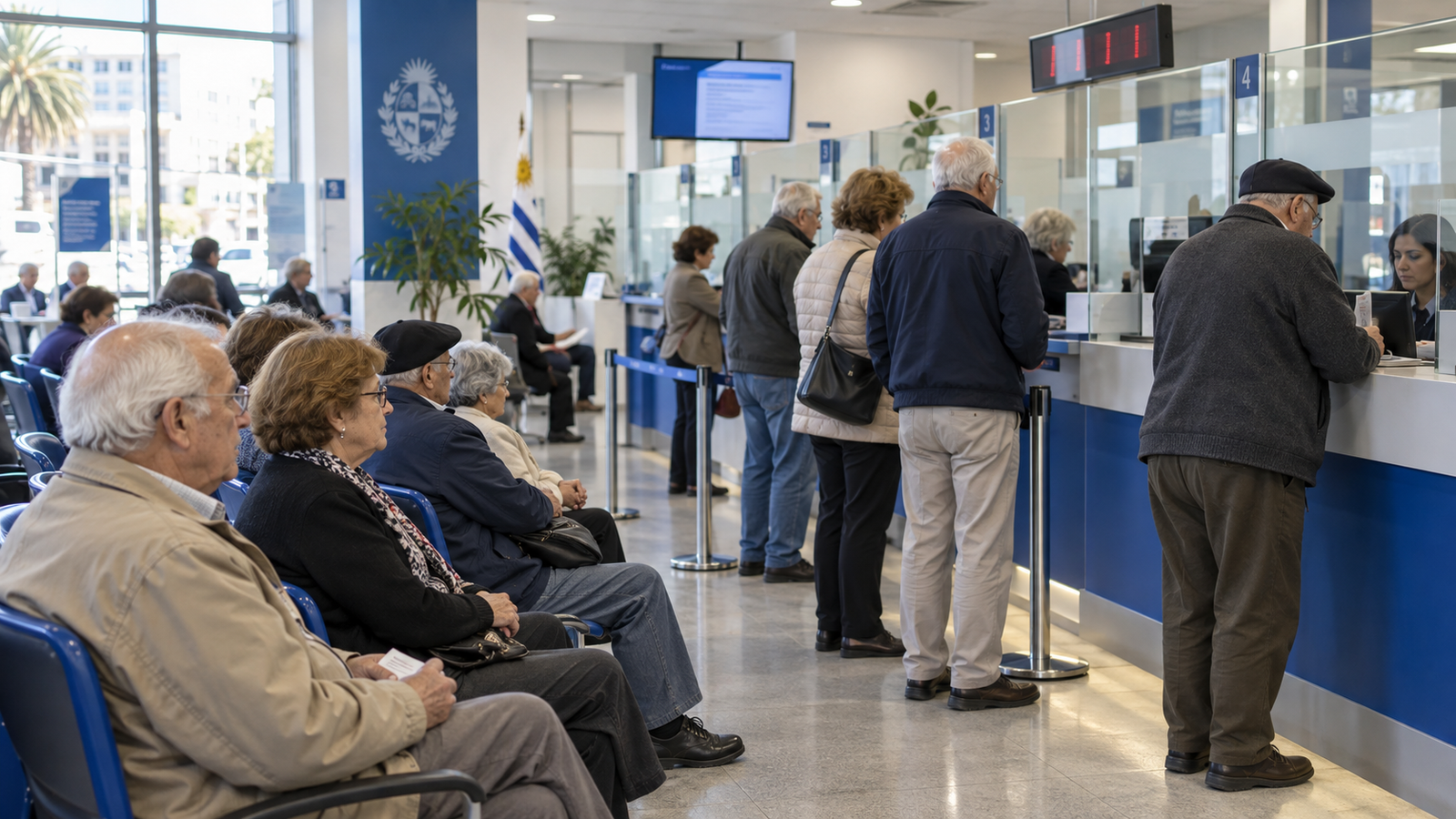ubilados aguardando turno en la ventanilla de cobro de pasividades.