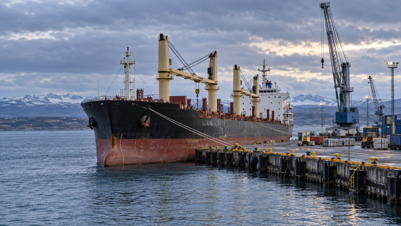 Buque comercial naviero amarrado en el puerto de Punta Arenas, Chile.