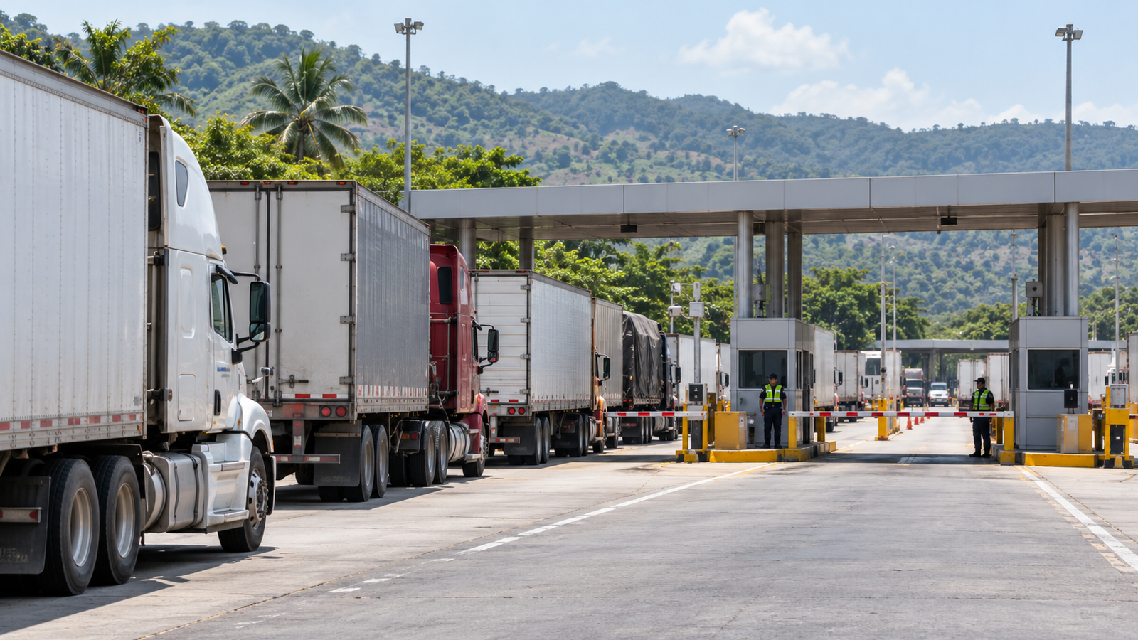 Fila de camiones de transporte de carga detenidos en un control fronterizo.