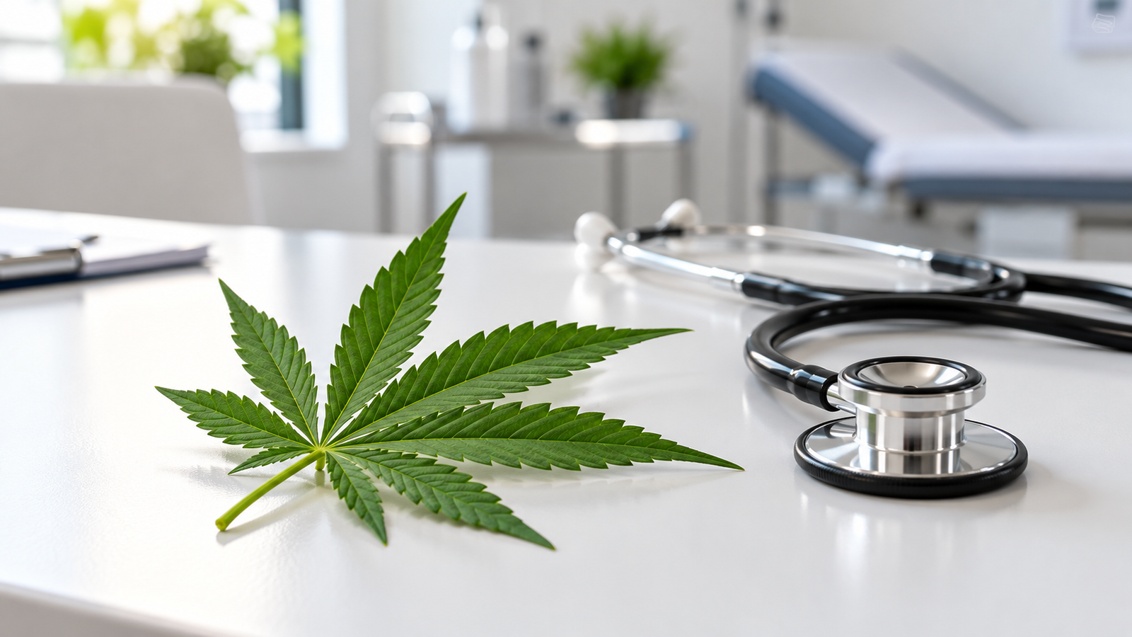 Hoja de cannabis junto a un estetoscopio sobre un escritorio blanco de consultorio.