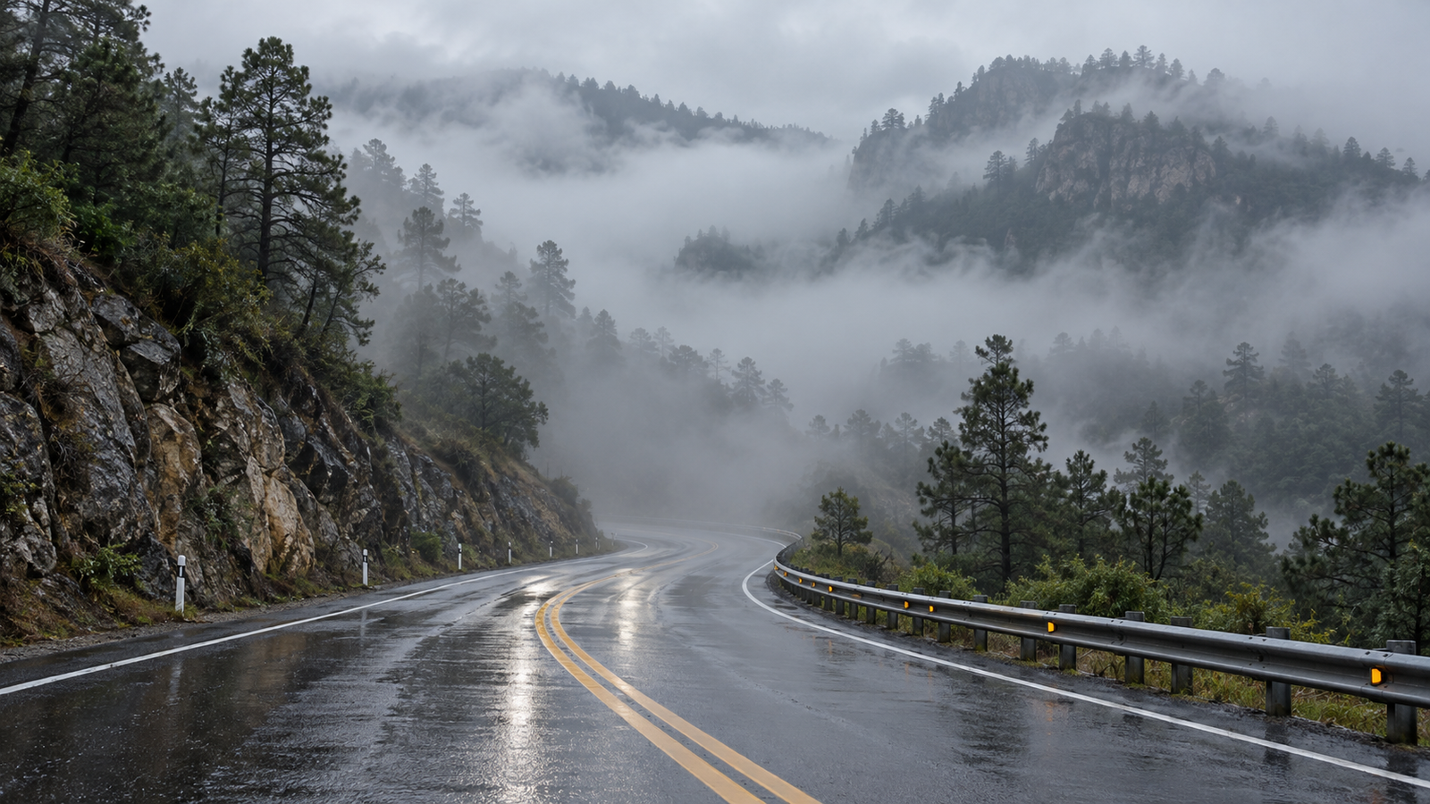 Carretera mojada y neblina densa en las zonas serranas de México durante el frente frío.