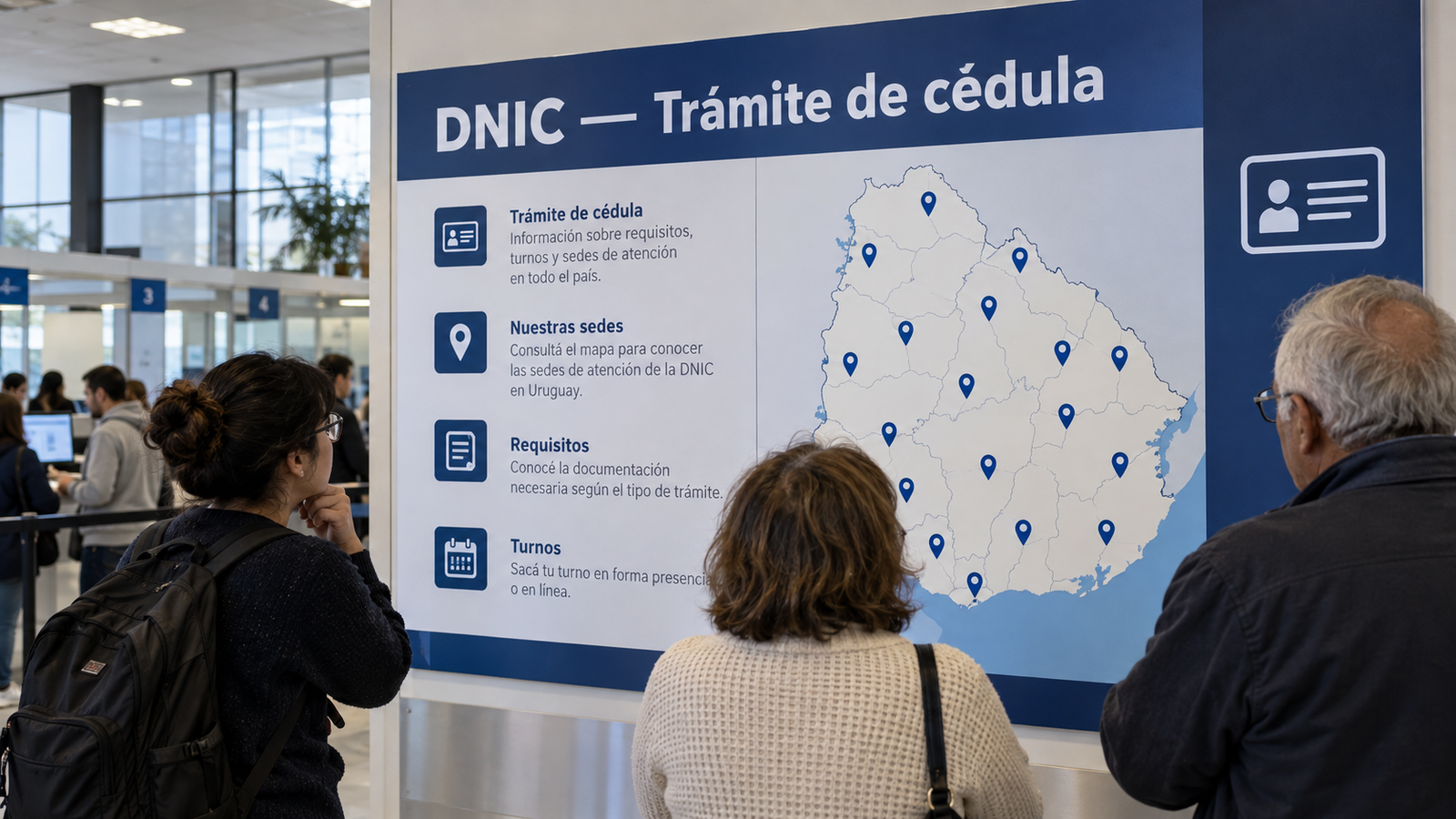 Cartelería institucional de la DNIC con el mapa de sedes para tramitar la cédula en todo el país.