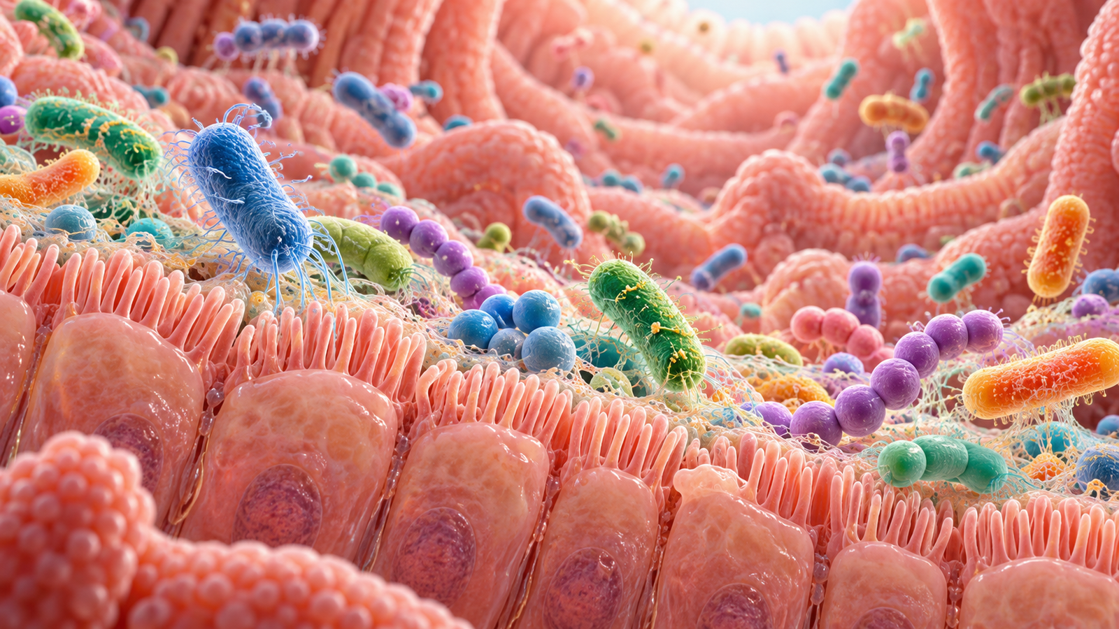 Micrografía ilustrativa de bacterias intestinales interactuando con células del sistema digestivo.