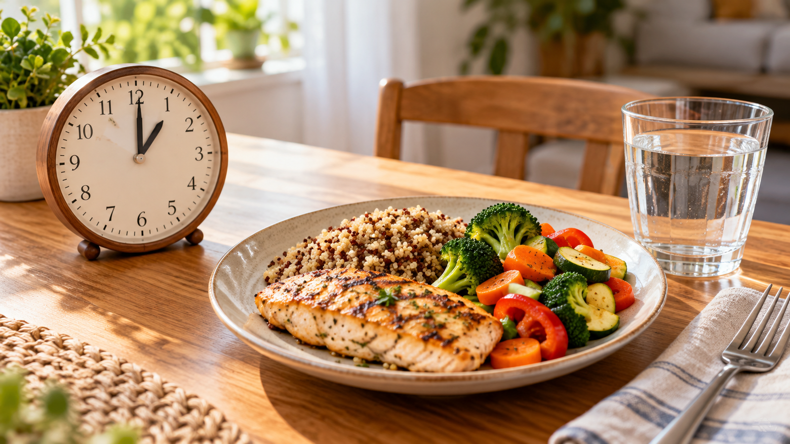 Reloj marcando una hora fija junto a un plato servido con alimentos equilibrados.