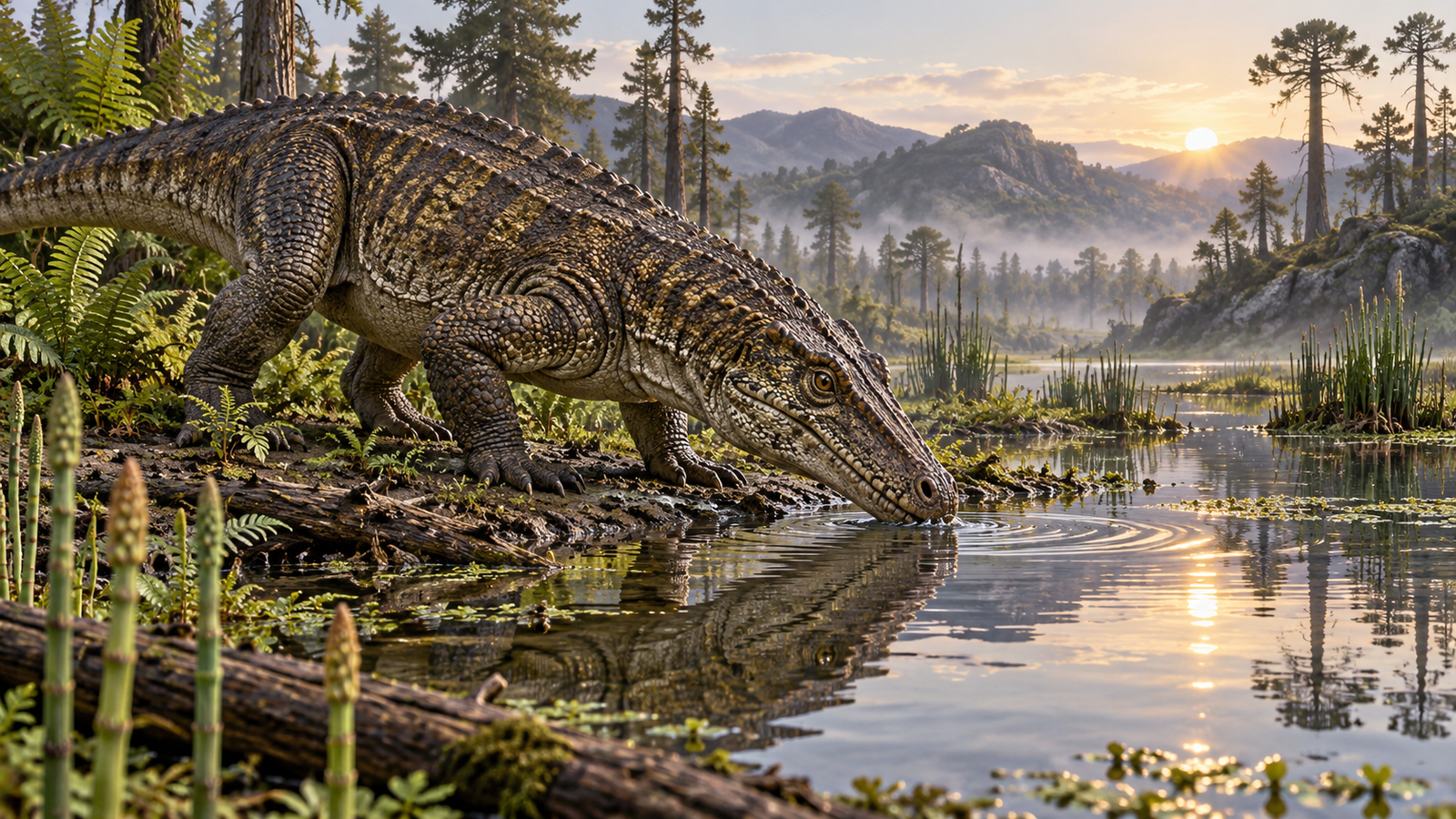 Representación de un reptil prehistórico cerca de una cuenca de agua dulce.