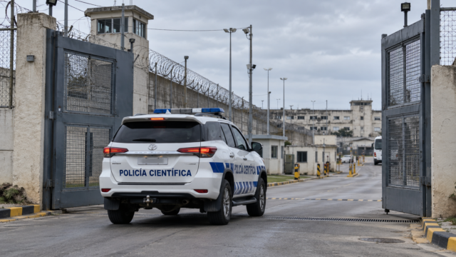 Coche de la Policía Científica ingresando al establecimiento penitenciario Santiago Vázquez.