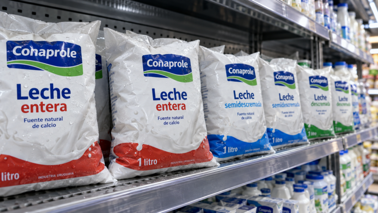 Sachets de leche fresca Conaprole alineados en la góndola de un supermercado