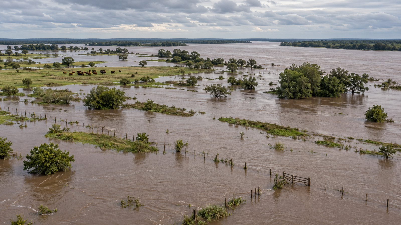 Panorama de la crecida del río Paraná afectando terrenos de pastoreo.