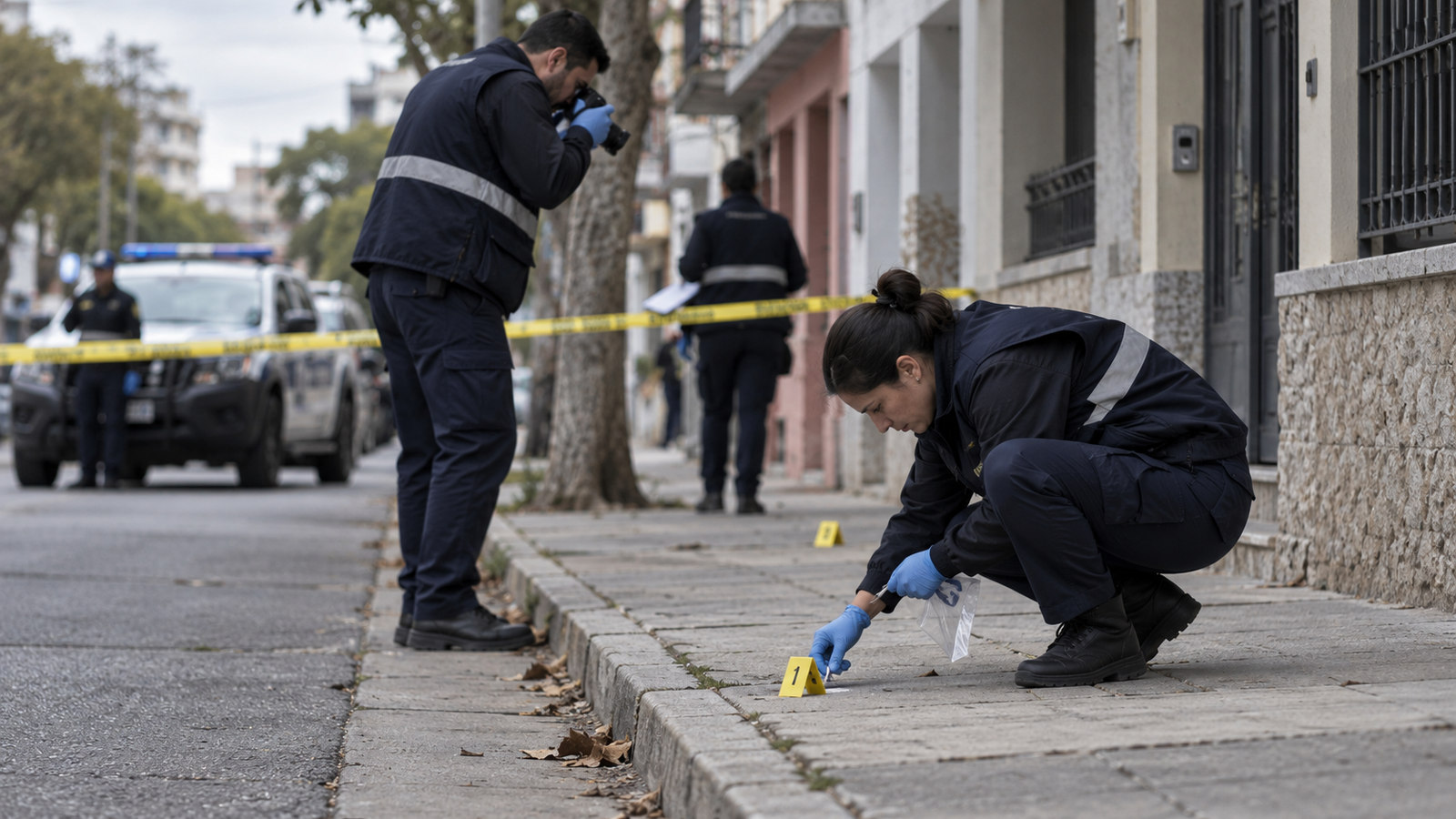 Policía científica trabajando en una escena del crimen en un barrio de Montevideo.