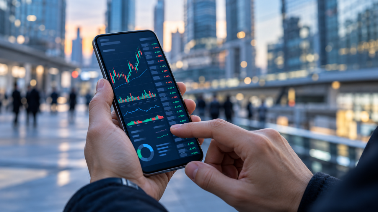 Persona utilizando un smartphone con aplicaciones de gráficos financieros y criptomonedas.