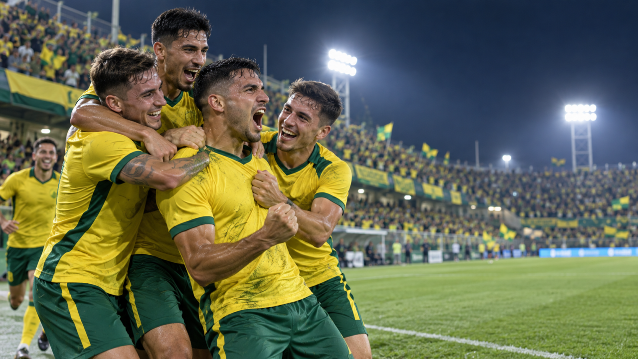 Jugadores de Defensa y Justicia celebrando un gol durante un partido del Torneo Clausura.