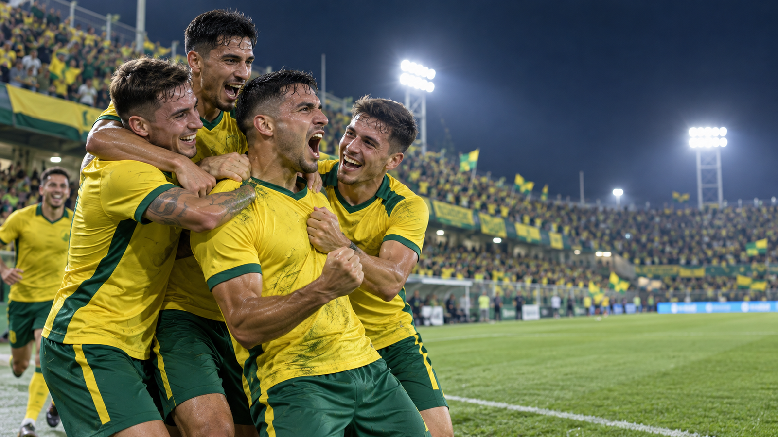 Jugadores de Defensa y Justicia celebrando un gol durante un partido del Torneo Clausura.