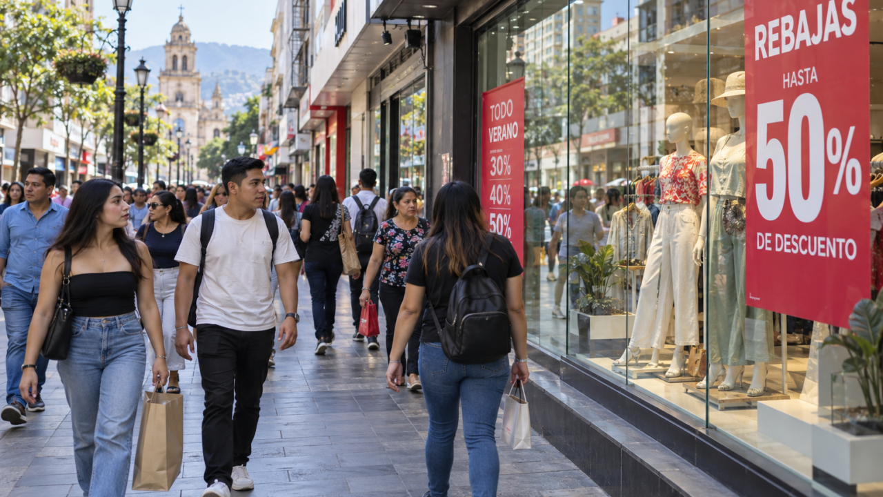 Personas caminando frente a vidrieras con carteles de descuentos en una peatonal comercial.