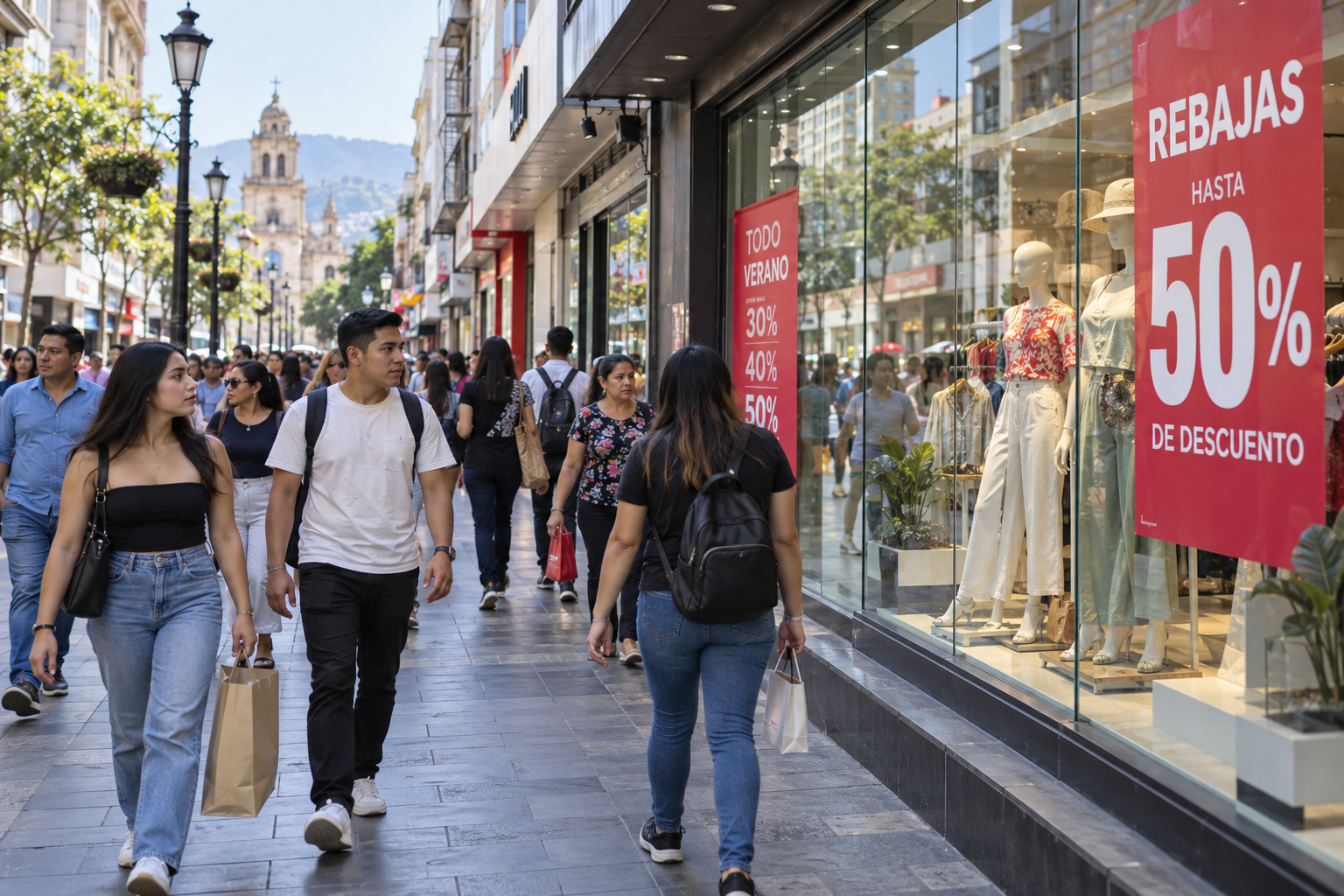 Personas caminando frente a vidrieras con carteles de descuentos en una peatonal comercial.