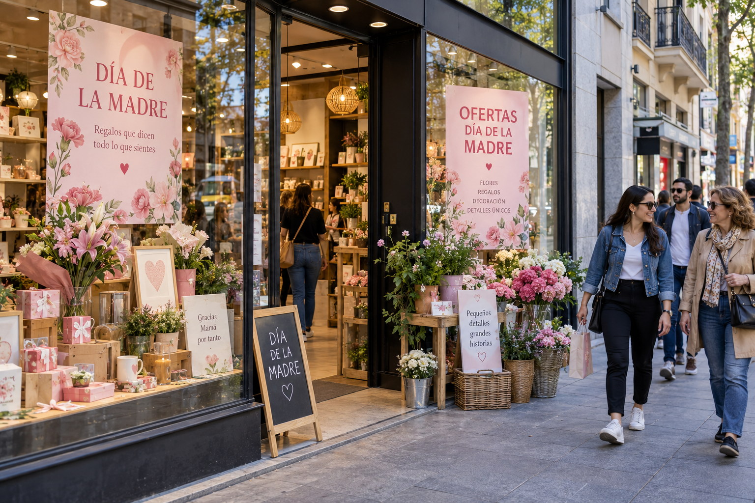 Fachada de un local comercial con promociones y ofertas por el Día de la Madre.