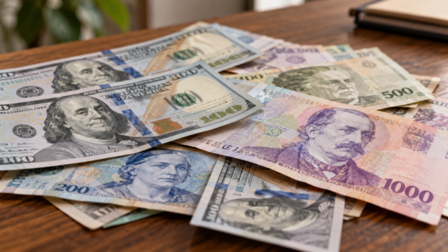 Billetes en dólares y pesos argentinos decomisados durante el procedimiento aduanero en el puente San Martín.