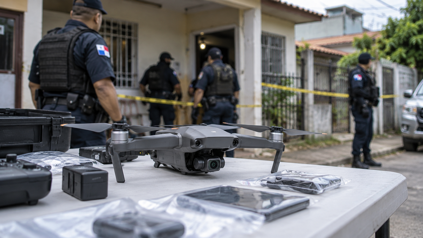 Dron comercial incautado por las autoridades policiales de Panamá durante un allanamiento.