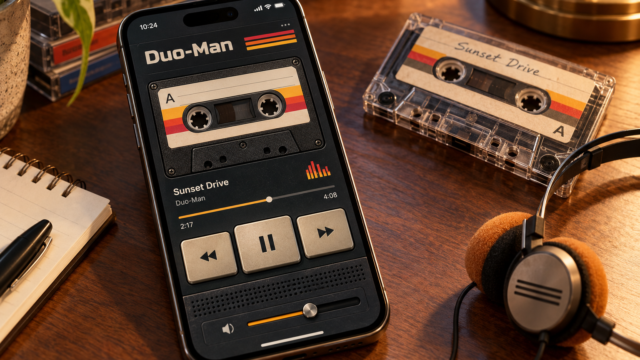 Aplicación Duo-Man simulando un Walkman en un iPhone Duo.