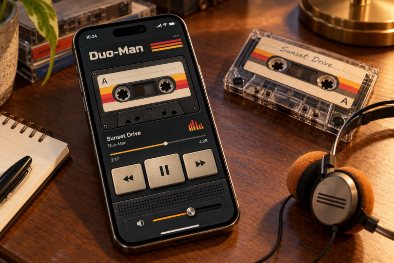 Aplicación Duo-Man simulando un Walkman en un iPhone Duo.