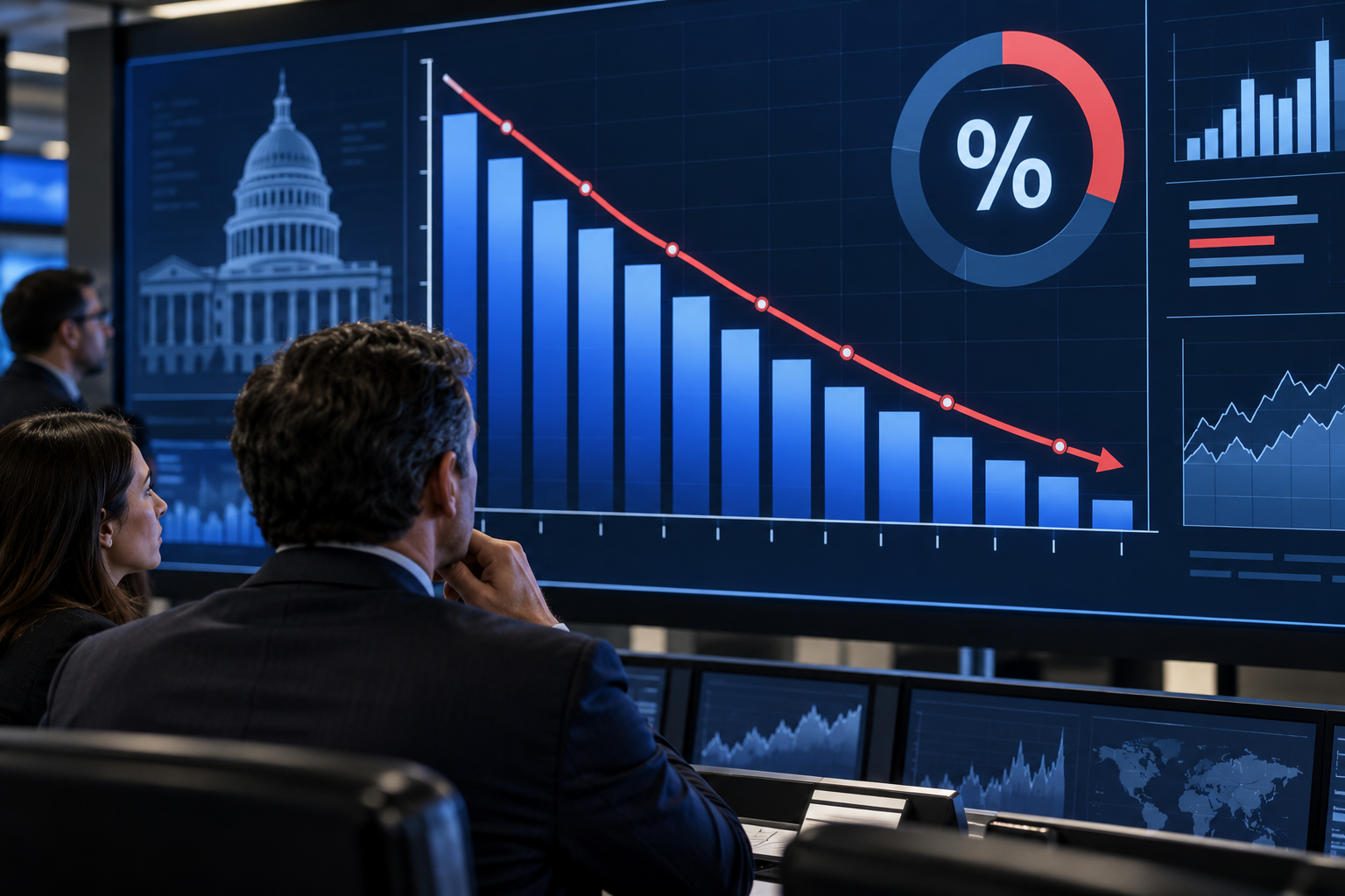 Gráfico financiero en una pantalla mostrando el porcentaje del déficit fiscal sobre el PIB.