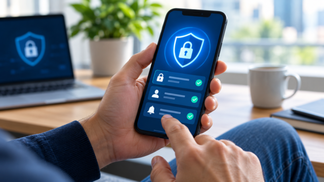 Persona utilizando un teléfono celular inteligente con alertas de seguridad digital en la pantalla.